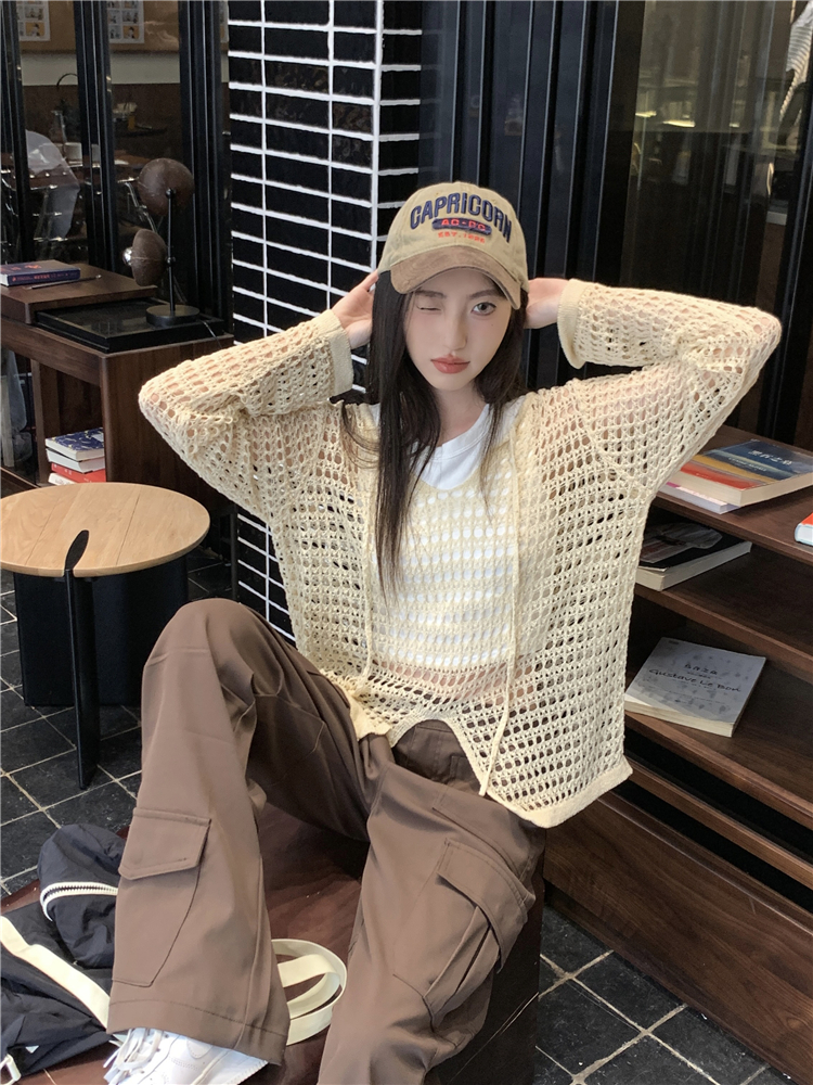 Actual shot Spring new style~Korean style lazy style loose hollow design slit long-sleeved sweater