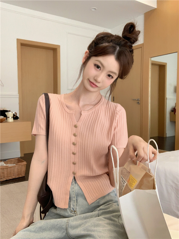 Actual shot of spring new style~French style slimming slit design V-neck short-sleeved sweater