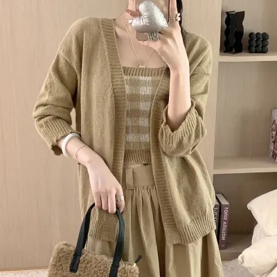 Real shot of autumn and winter knitted two-piece Korean style top gentle lazy style suspender sweater coat cardigan for women