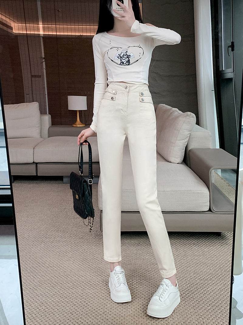Real shot~Korean style high-waisted small-leg pants with button-tab decorative jeans for women 2024 spring slim-fitting trousers