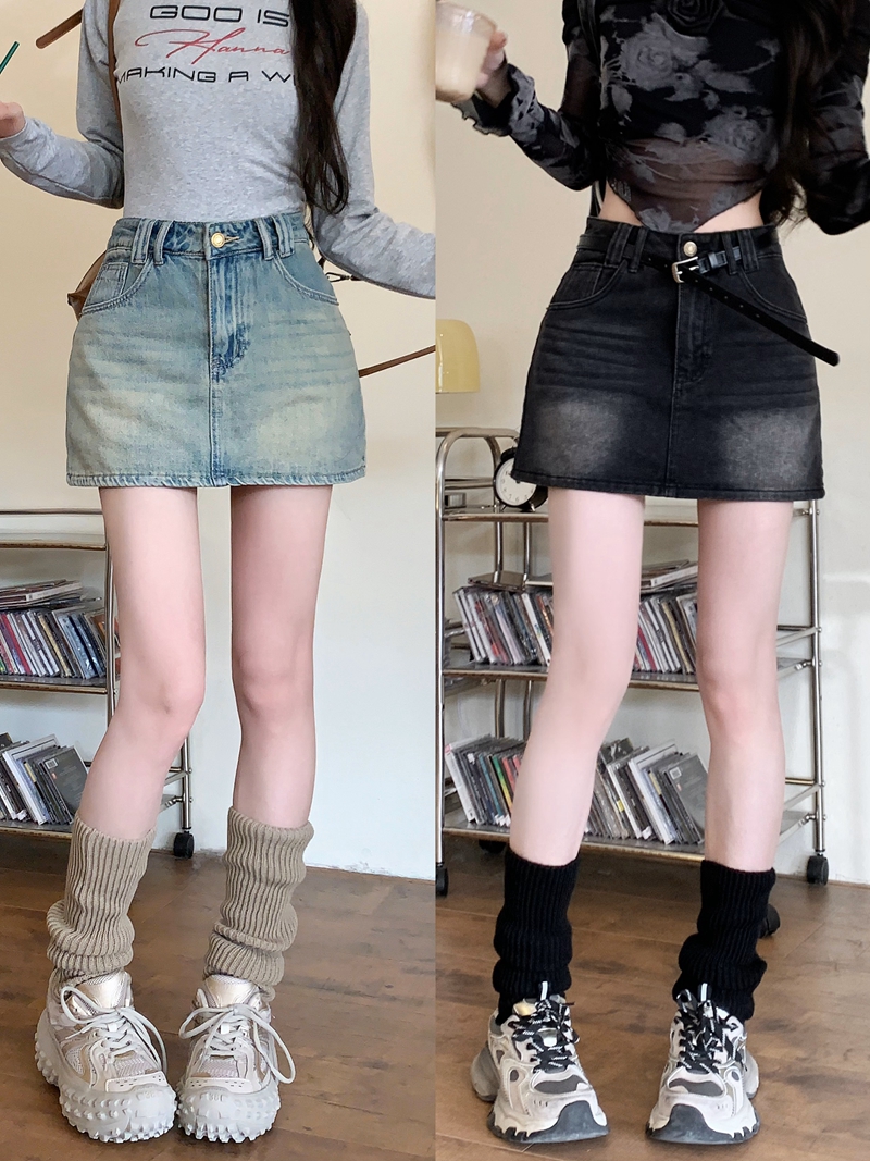 Actual shot #New high-waisted washed denim skirt for women, design-proof anti-exposure A-line hot girl short skirt