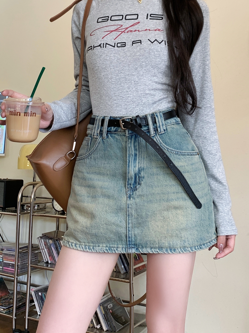 Actual shot #New high-waisted washed denim skirt for women, design-proof anti-exposure A-line hot girl short skirt