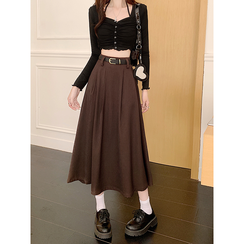 Real shot of suit skirt, high-waisted slimming A-line pleated skirt, mid-length large-swing umbrella skirt