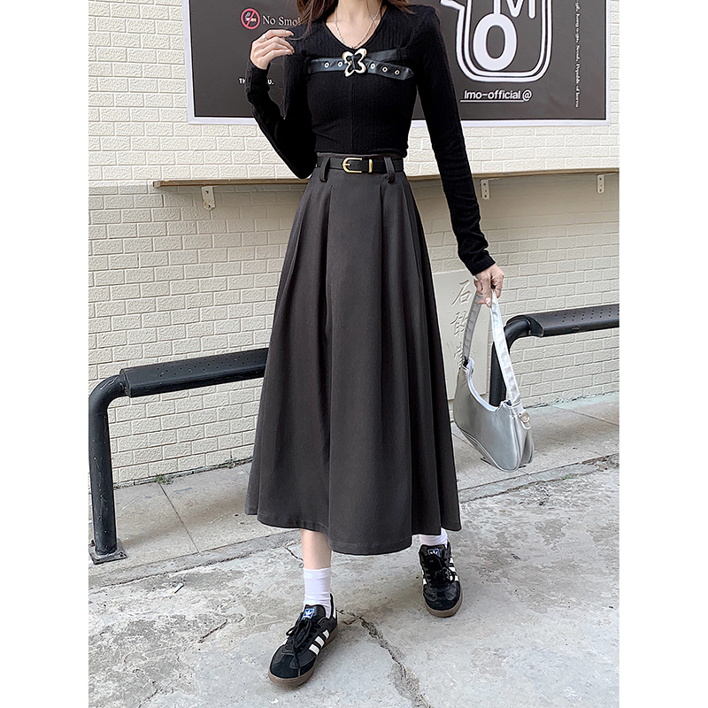 Real shot of suit skirt, high-waisted slimming A-line pleated skirt, mid-length large-swing umbrella skirt