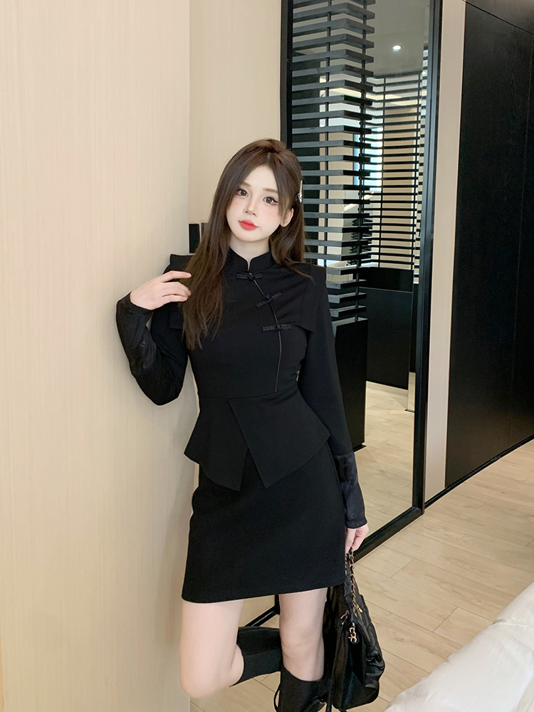 Actual shot of new Chinese style slimming buttoned top + high waisted woolen material A-line skirt fashion suit