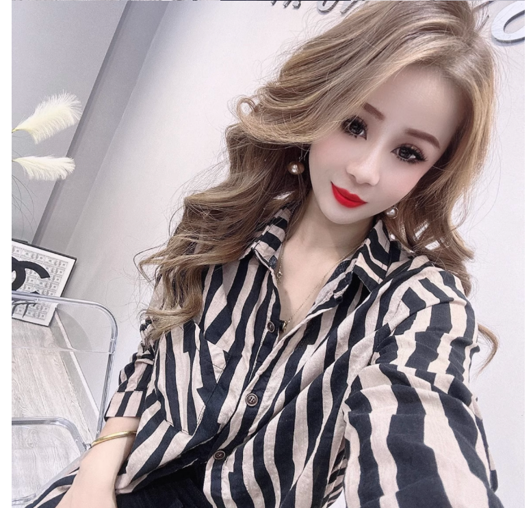 European station spring and autumn cotton and linen shirts loose long-sleeved versatile casual personality striped bottoming shirt tops bottoming shirt