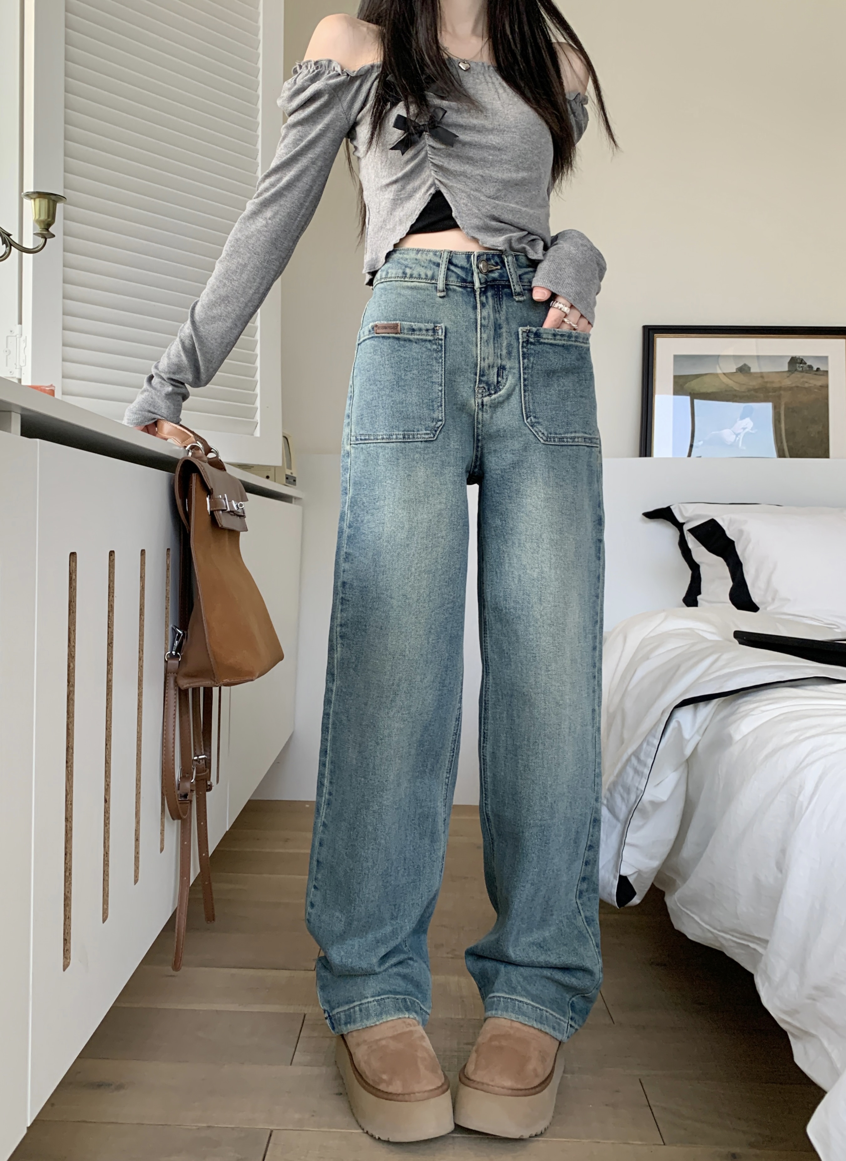 Actual shot ~ High-end design light blue high-waisted wide-leg jeans for women, retro drapey narrow floor-length trousers