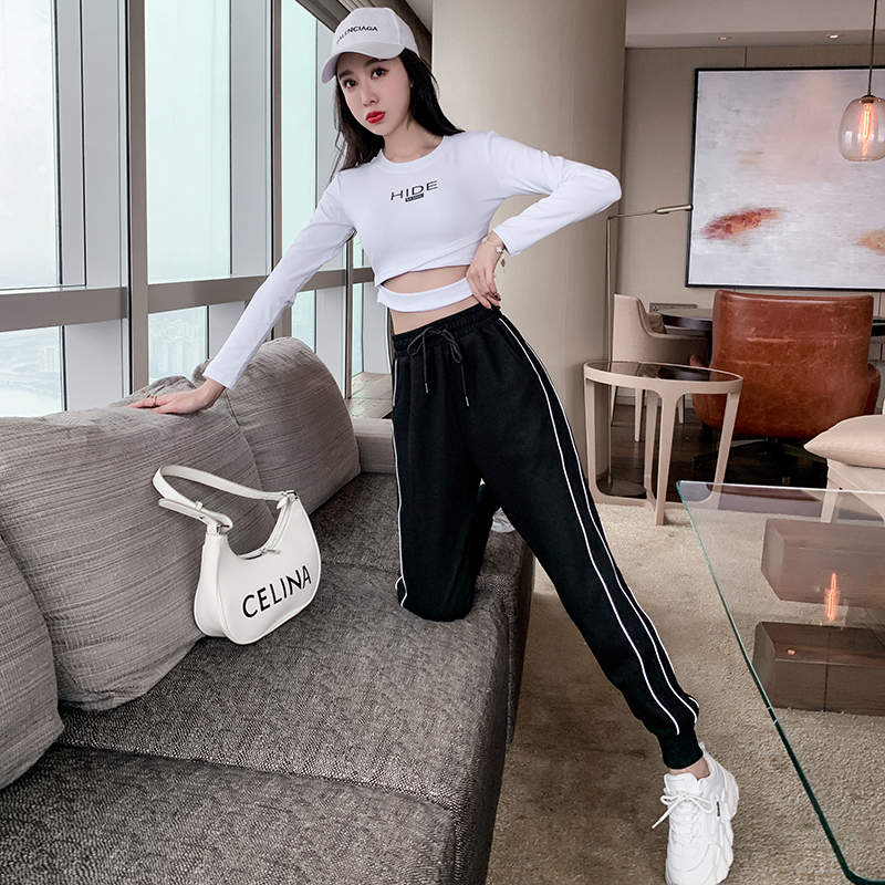 Black cotton sweatpants for women spring and autumn thin high-waisted loose reflective beam leg casual pants