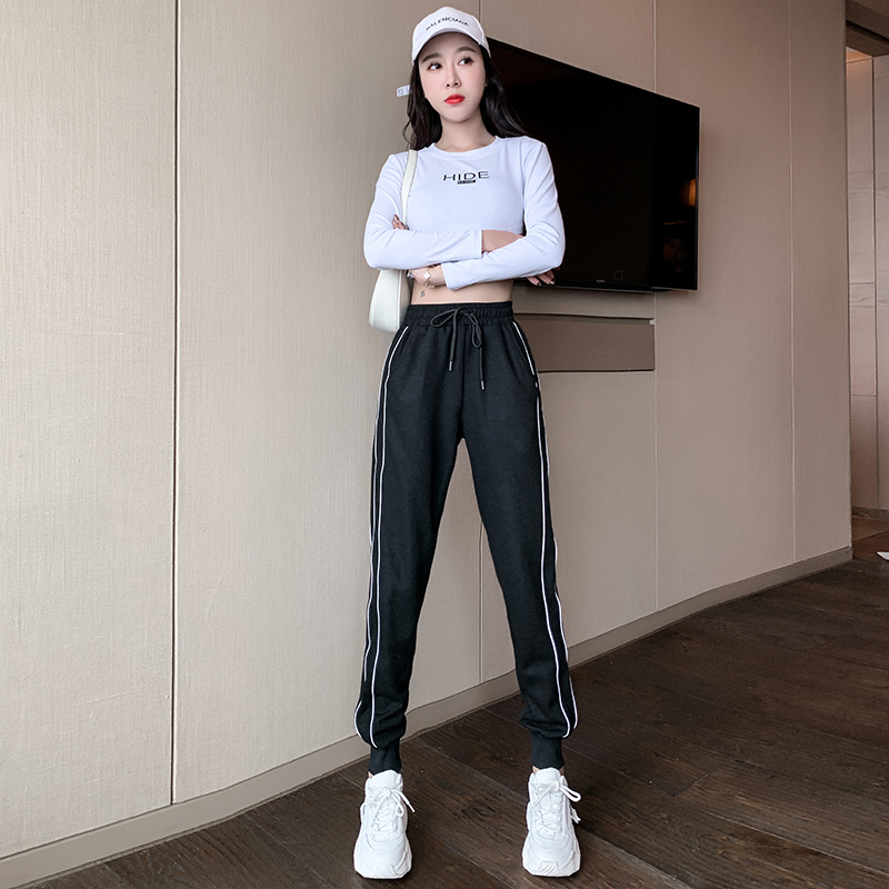 Black cotton sweatpants for women spring and autumn thin high-waisted loose reflective beam leg casual pants