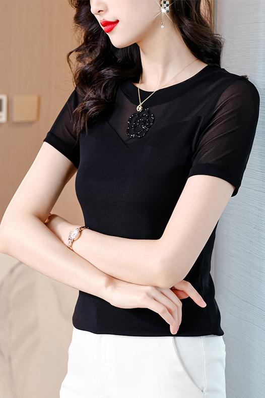 2026春季新品簡約常規蕾絲網紗燙鉆修身短袖圓領洋氣黑色打底衫