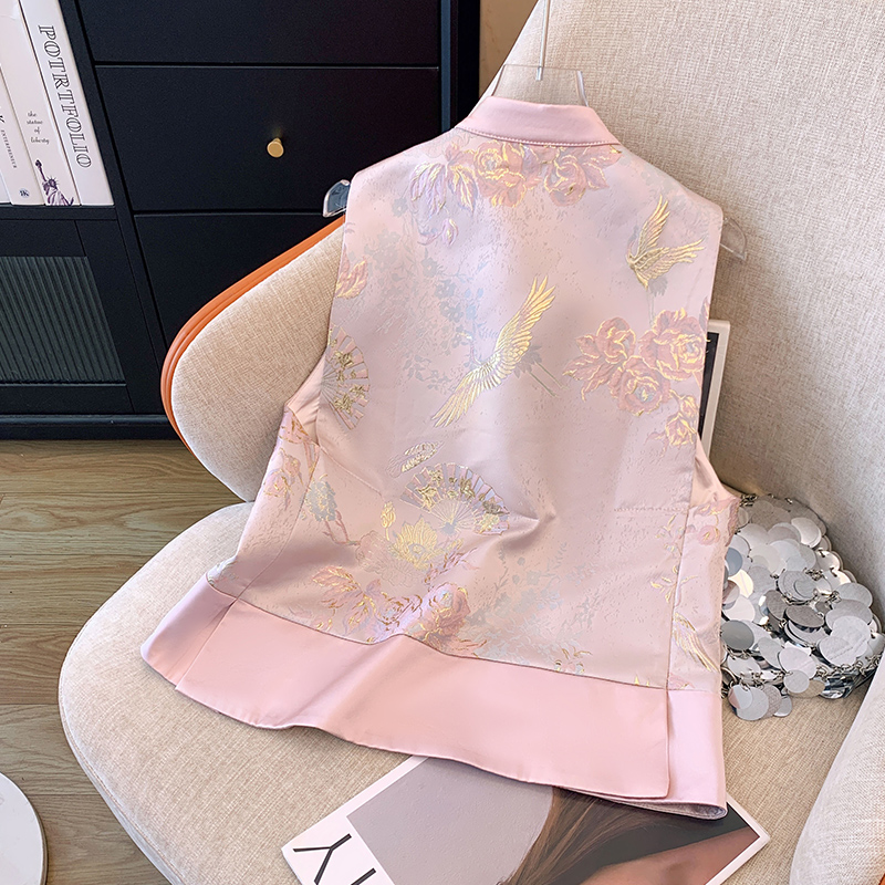 New Chinese Style 2024 Spring New Jacquard Satin Jacket Women's Retro National Style Disk Button Stand Collar Vest Clip Cardigan Small Shirt