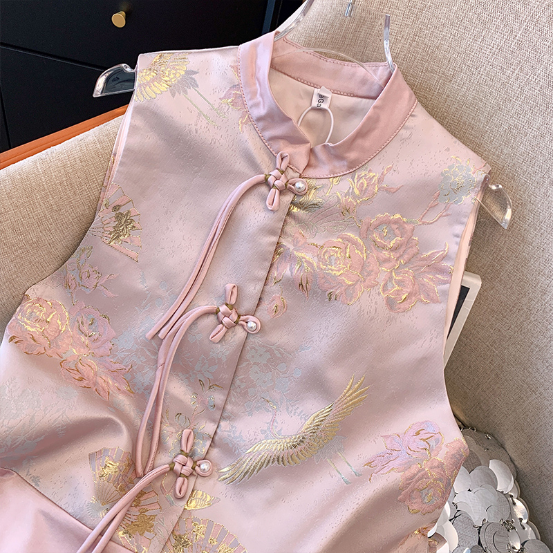 New Chinese Style 2024 Spring New Jacquard Satin Jacket Women's Retro National Style Disk Button Stand Collar Vest Clip Cardigan Small Shirt