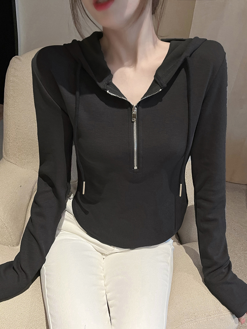 Real shot long-sleeved hooded sweatshirt women's slim zipper irregular top coat t-shirt