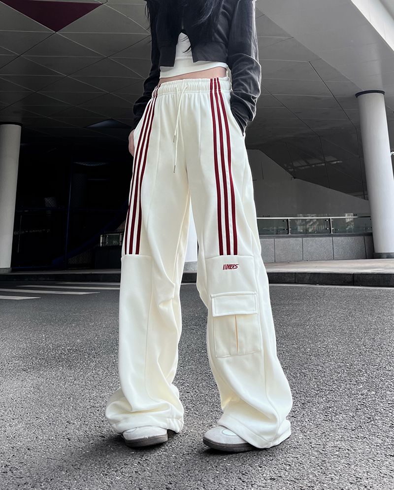 Real shot of Chinese cotton composite three stripes spring American retro casual sports pants high waist loose wide leg pants