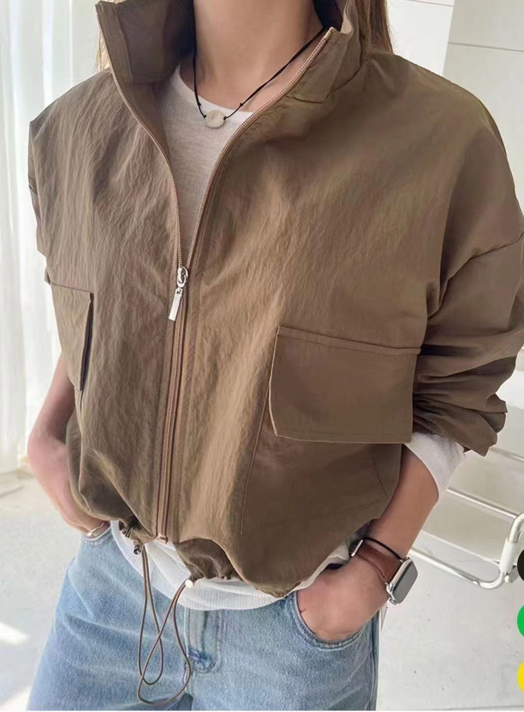 Korean retro loose slimming summer thin drawstring waist top jacket