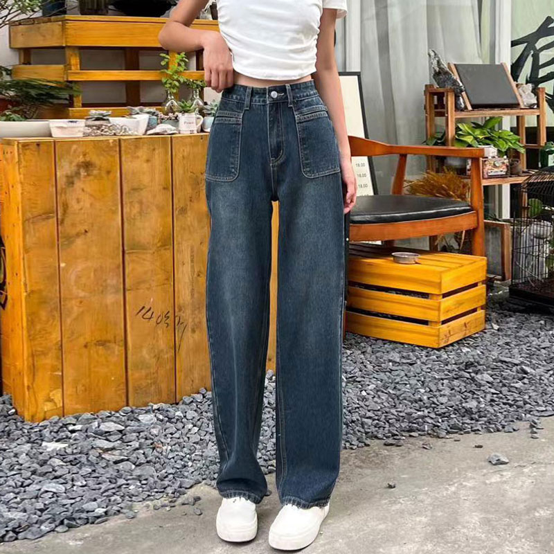 Designed high-waisted jeans for women, American blue and gray loose high street casual pear-shaped niche floor-length wide-leg long pants