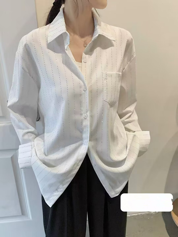 European heavy industry full-body hot diamond shirt women's lapel long-sleeved loose spring shirt silky slim versatile top