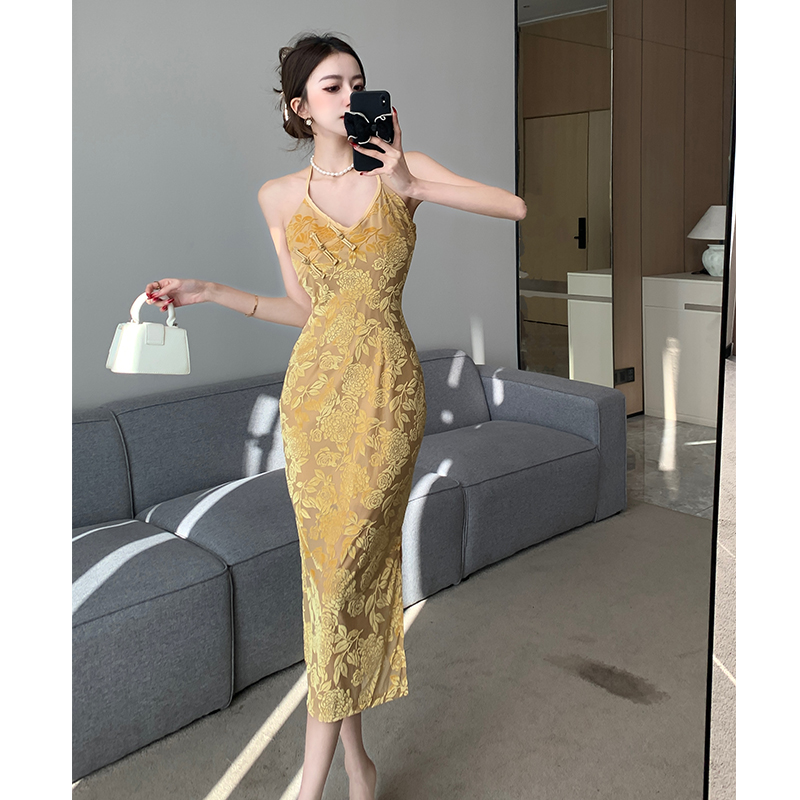 實拍法式復古新中式掛脖露背連衣裙女春夏改良旗袍無袖連衣裙