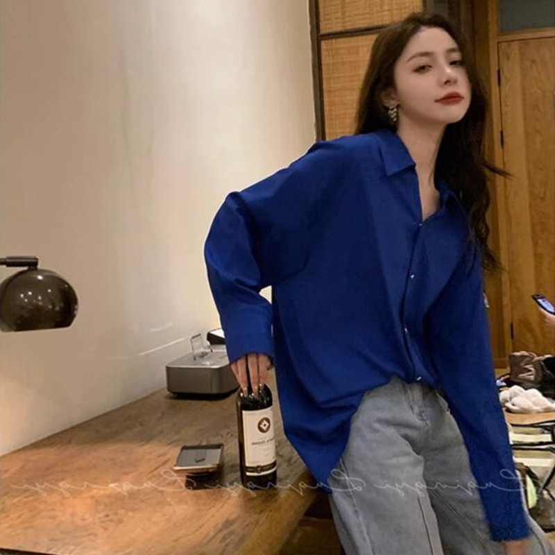 Autumn clothing 2024 retro Hong Kong style blue long-sleeved shirt women's design niche temperament versatile outer wear top