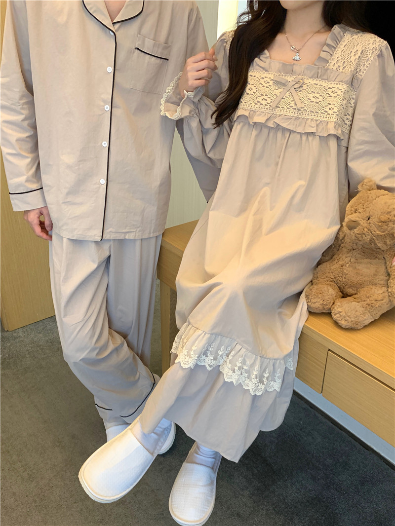 Real shot of Korean version of couple's cotton heavy industry lace loose comfortable casual outer wear spring and autumn home suit nightgown