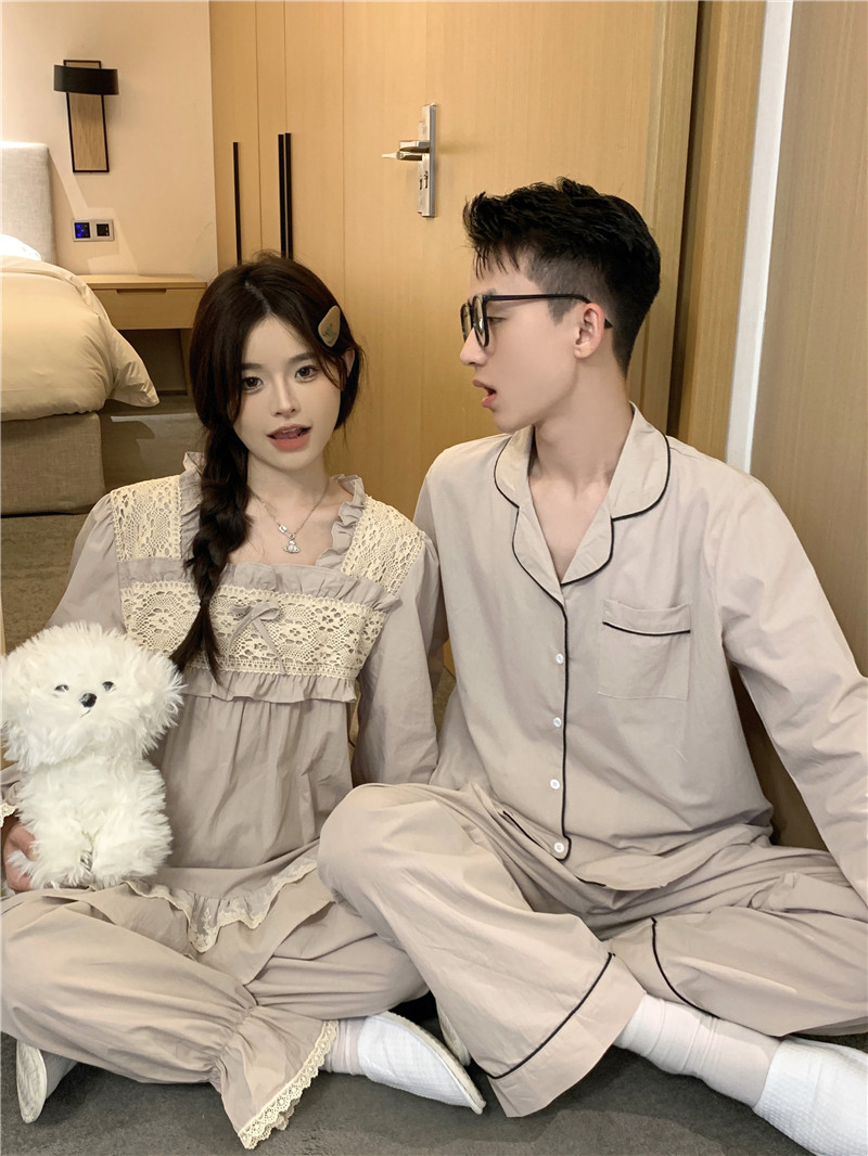 Real shot of Korean version of couple's cotton heavy industry lace loose comfortable casual outer wear spring and autumn home suit nightgown