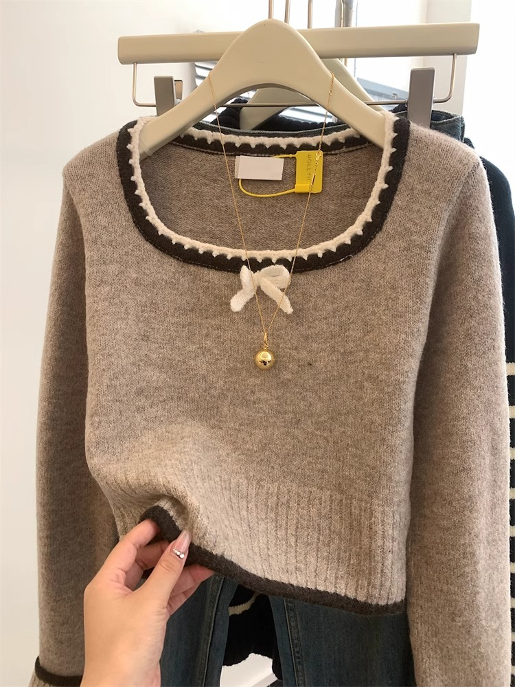Sheep wool Korean style square collar bow sweater for women 2024 new loose and high-end coat