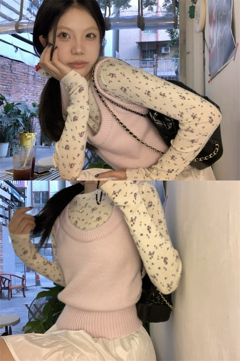 Real shot 30052 solid color knitted sweater vest + 30053 floral knitted T-shirt inner layer