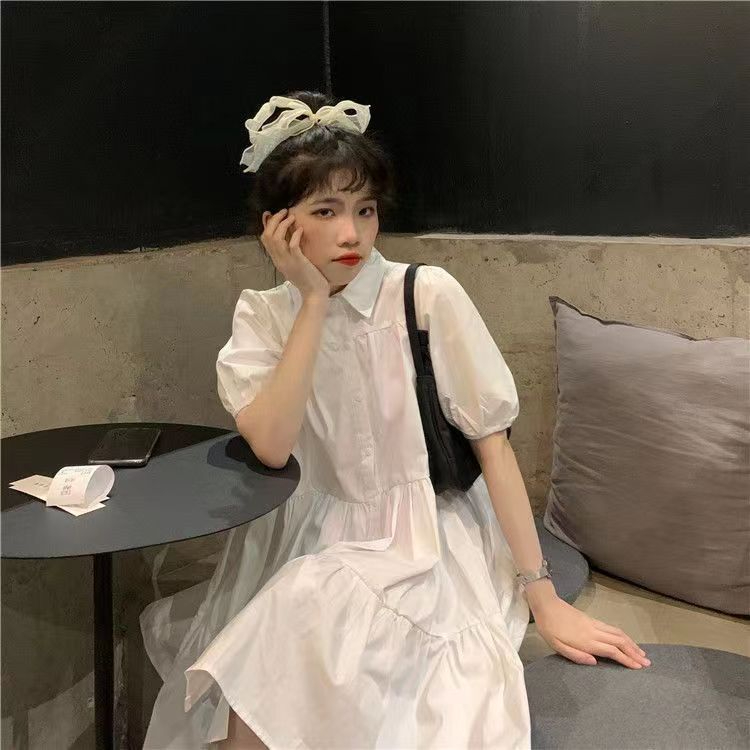 Real shot of French sweet puff sleeve shirt dress summer Korean style loose little forest style first love baby doll dress