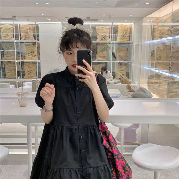 Real shot of French sweet puff sleeve shirt dress summer Korean style loose little forest style first love baby doll dress