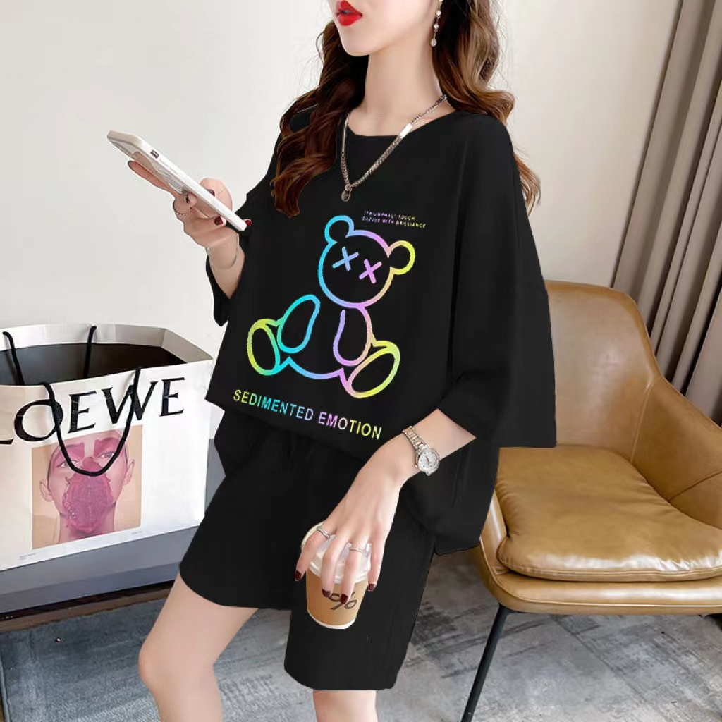 Black stylish bear suit for women plus size summer loose short-sleeved shorts sports two-piece T-shirt