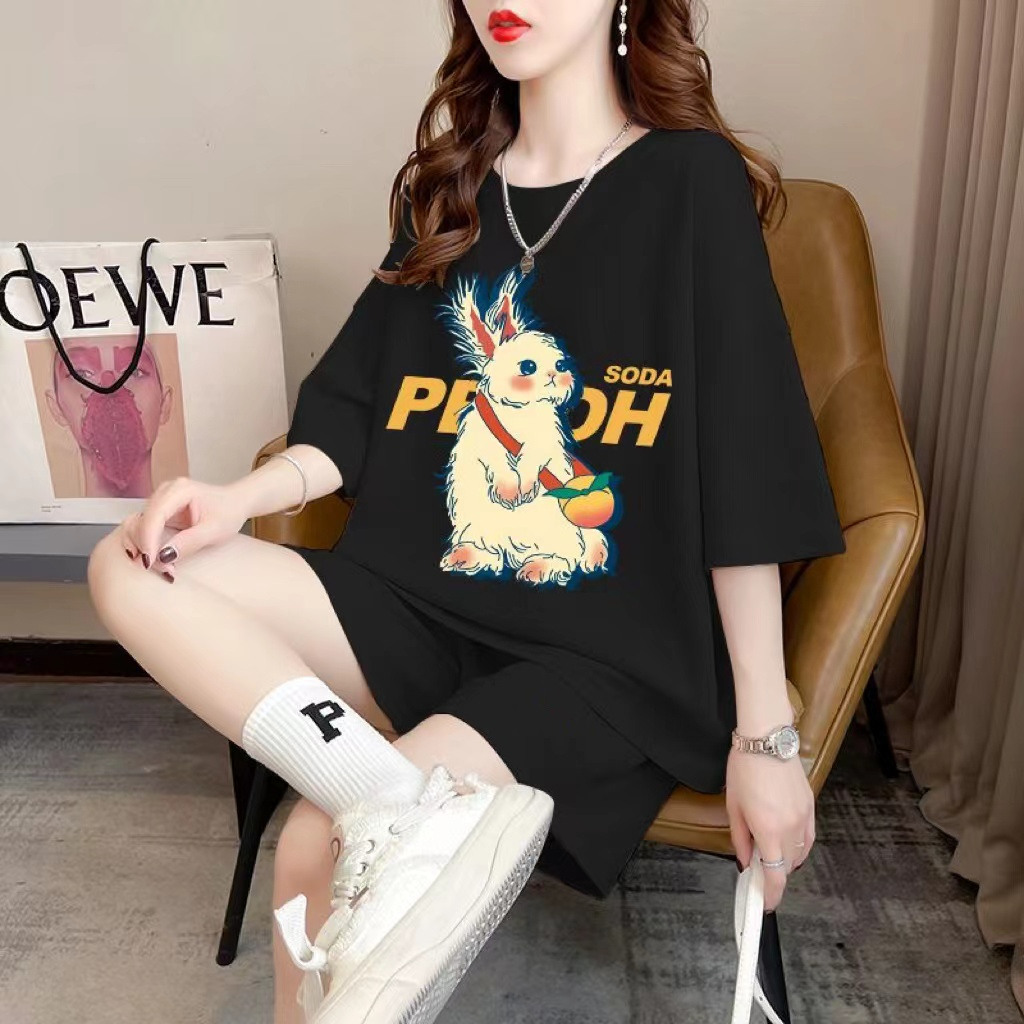 Lazy style cartoon sportswear suit for women summer pure cotton 2024 new casual short-sleeved shorts women's two-piece set