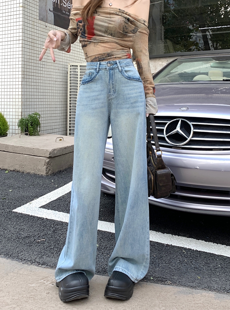 Actual shot#High-waisted straight denim trousers for women, designed washed retro floor-sweeping narrow wide-leg trousers