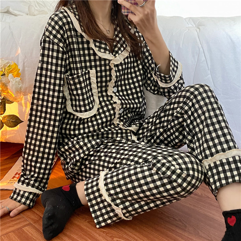 Real shot plaid pajamas for women spring autumn winter ins long sleeve pure cotton