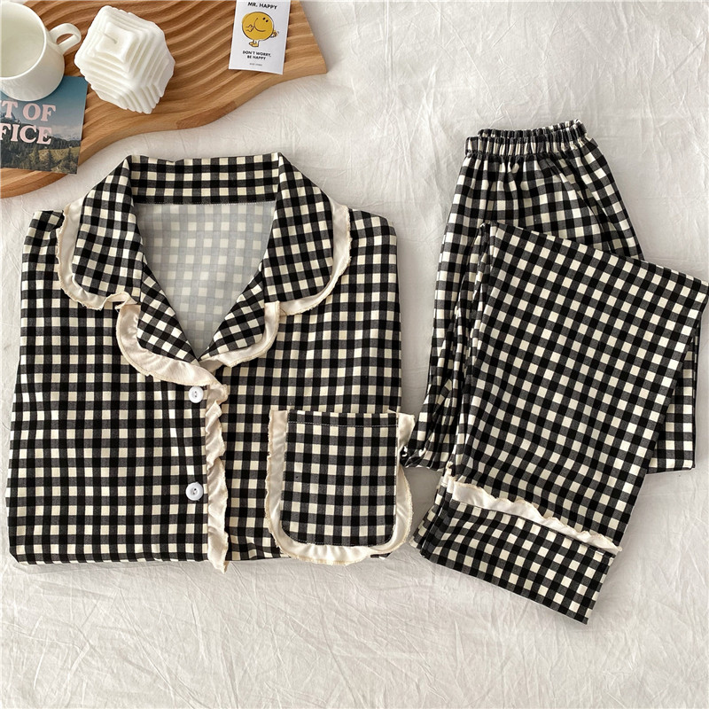 Real shot plaid pajamas for women spring autumn winter ins long sleeve pure cotton