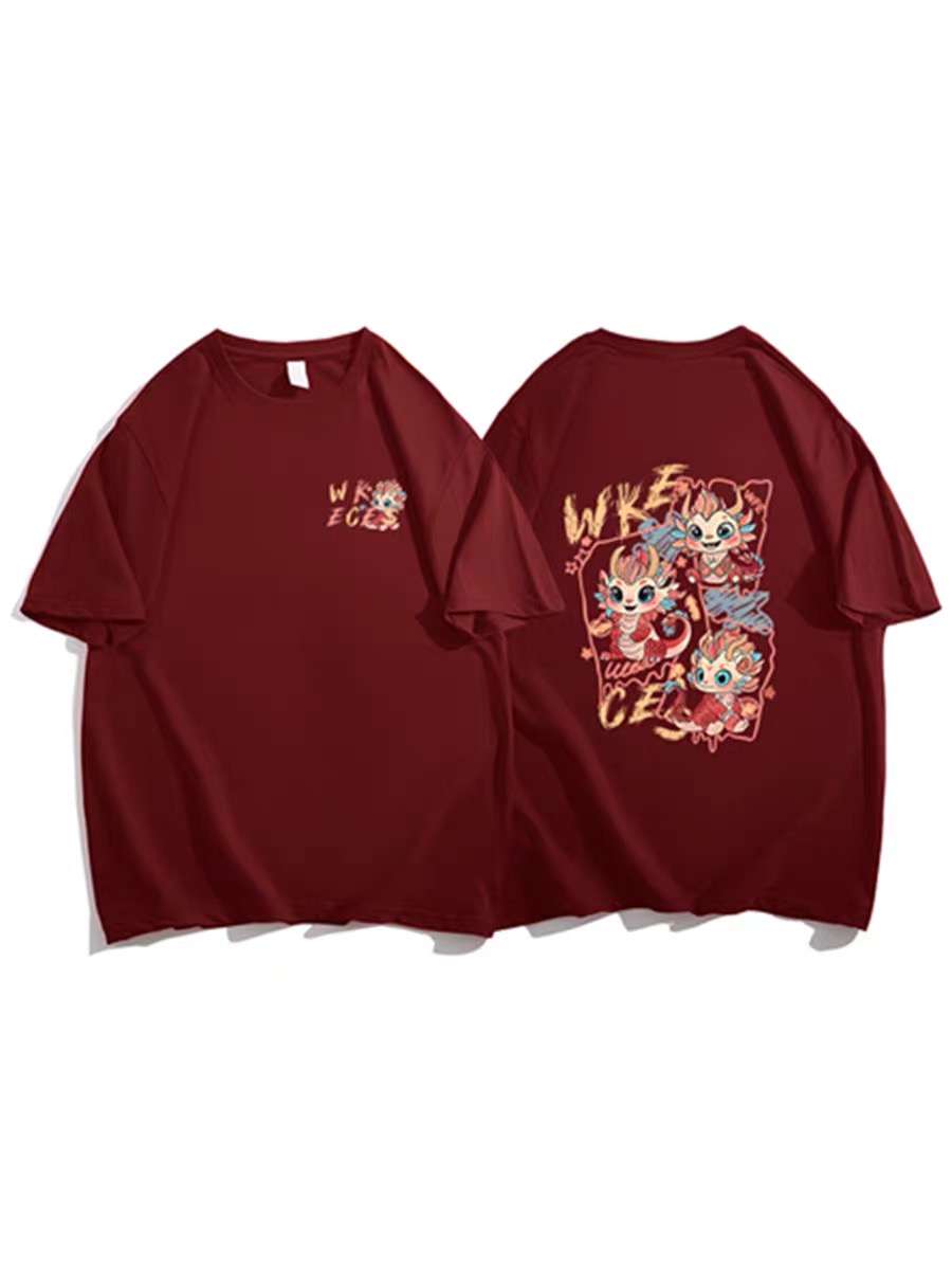 Pure cotton heavyweight burgundy Year of the Dragon short-sleeved T-shirt for women 2024 new summer loose Hong Kong style chic national style top