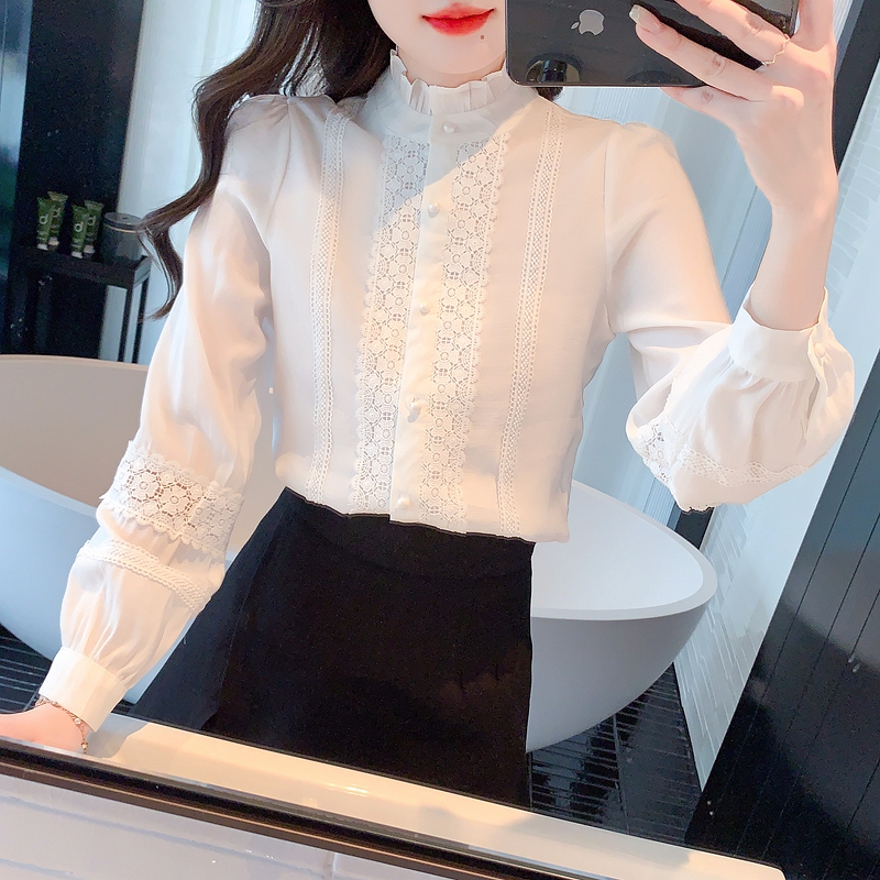 2024 early spring new white shirt for women, stylish fungus lace, high-end inner bottoming shirt, chiffon top