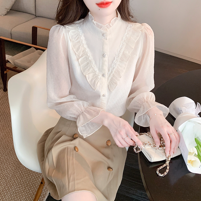 2024 early spring princess shirt with beautiful heavy-duty chiffon lace stand-up collar long-sleeved bow shirt for women