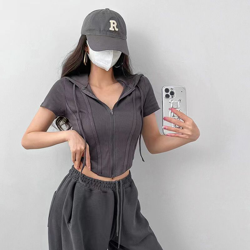 French hottie short style navel-baring hooded short-sleeved T-shirt women's cardigan summer thin slim fit niche women's top