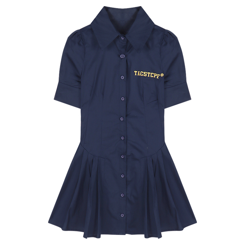 Best-selling preppy lapel dress slimming summer short-sleeved waist pleated high-end elegant buttoned A-line skirt