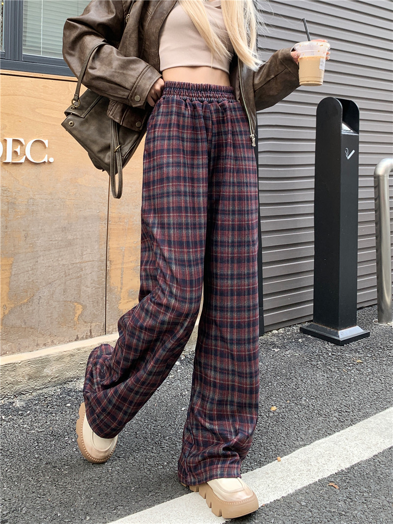 Real shots~Spring style~American retro high-waisted, simple, fashionable and versatile slimming plaid floor-length pants
