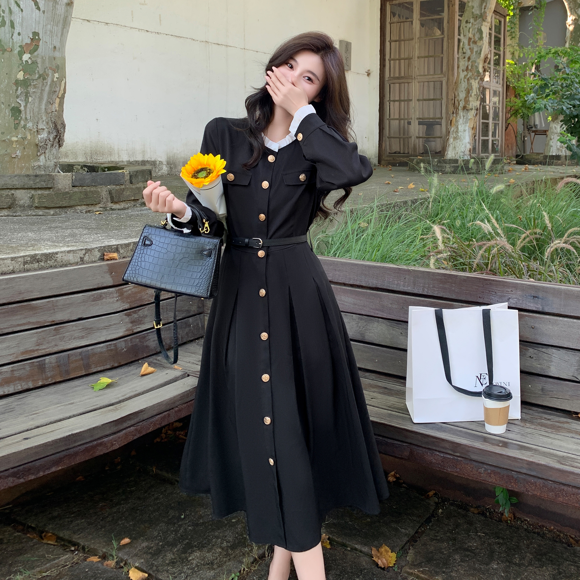 7418 real shot ~ plus size fat women's Hepburn style black long-sleeved dress autumn women's waist slimming little black dress