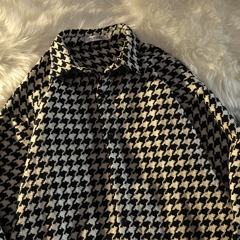 Official photo 100% polyester fiber houndstooth versatile jacket loose puff sleeve shirt long sleeves