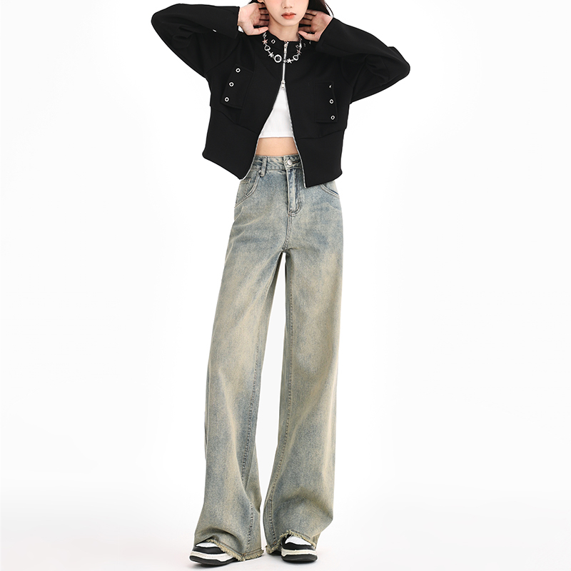 Real shot of retro hottie distressed wasteland style 2024 spring jeans high waist loose versatile wide leg floor mopping pants
