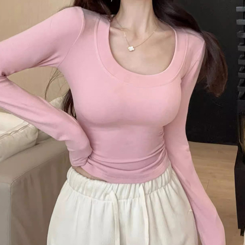 Pure lust style U-neck long-sleeved T-shirt 2024 autumn slim fit sweet spicy Korean version slimming inner short bottoming top for women