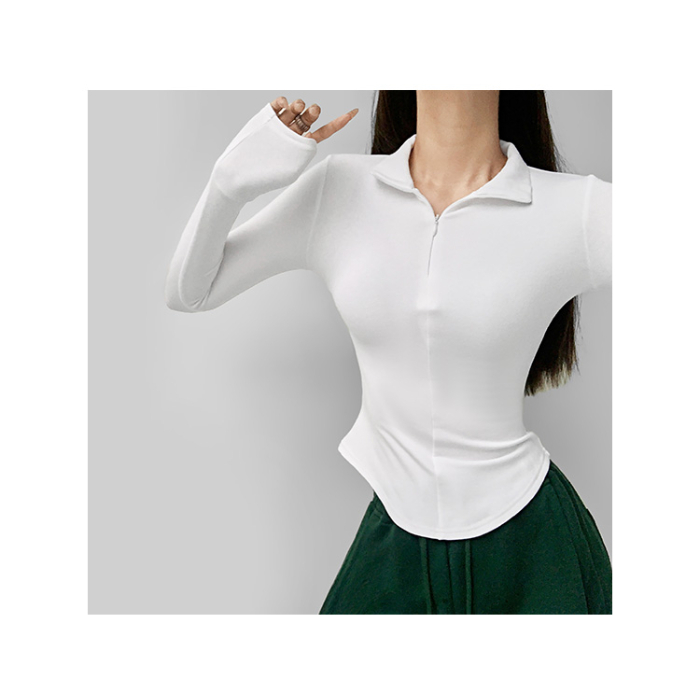 Official photo Half turtleneck, right shoulder zipper T-shirt, women's spring and autumn bottoming shirt, irregular slim lapel, slimming long-sleeved top