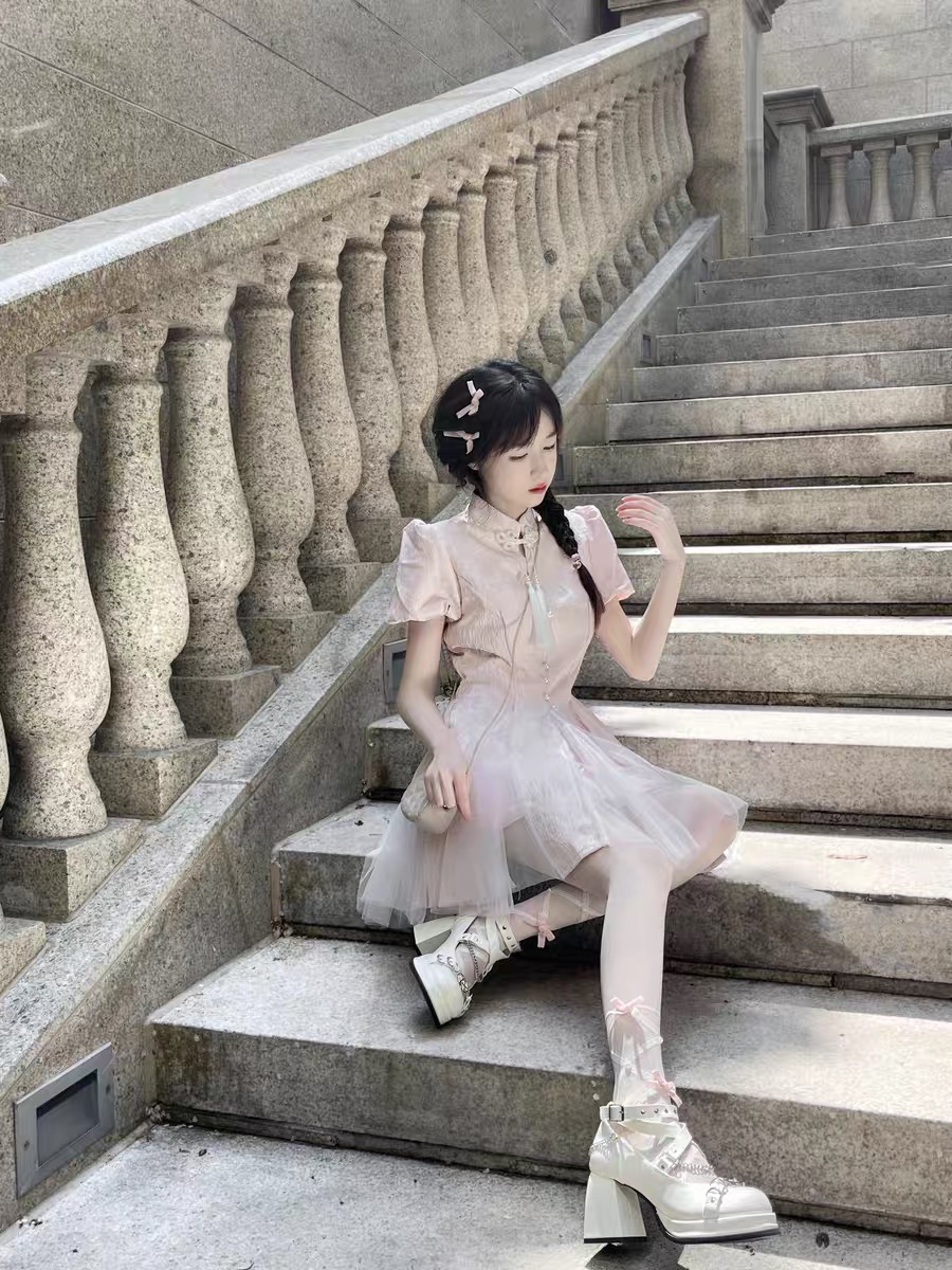 新中式重工改良旗袍粉色气质短款连衣裙女夏季小众流苏国风公主裙