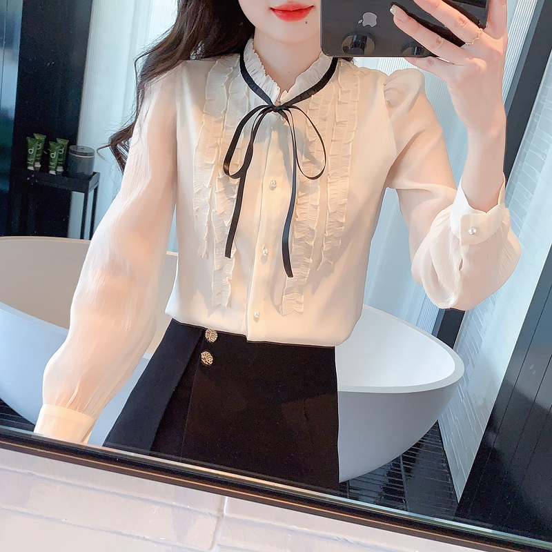 French palace style fungus chiffon top for women 2024 early autumn new style high-end chic beautiful shirt