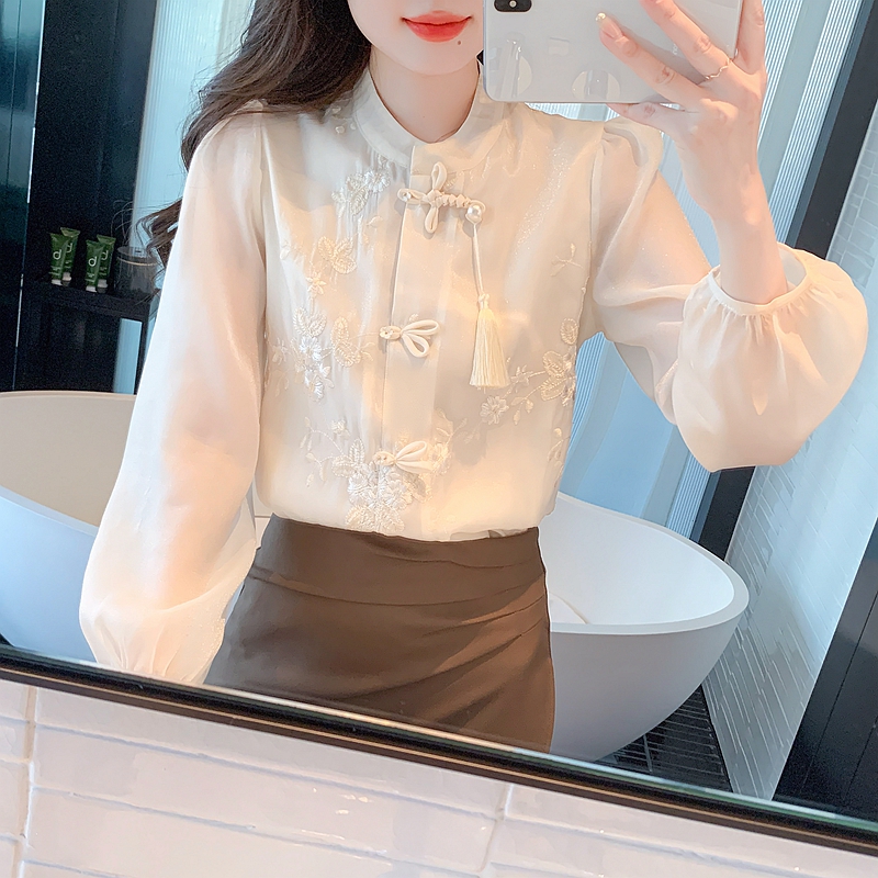 Literary buckle new national style embroidered tassel white shirt long-sleeved women's 2024 spring and autumn new casual shirt