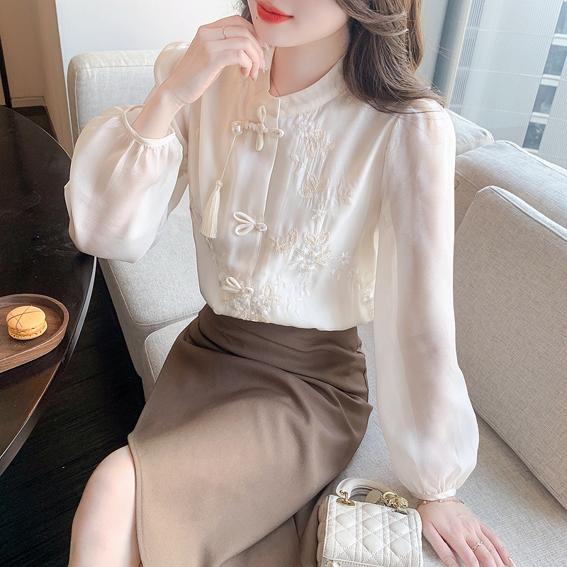 Literary buckle new national style embroidered tassel white shirt long-sleeved women's 2024 spring and autumn new casual shirt