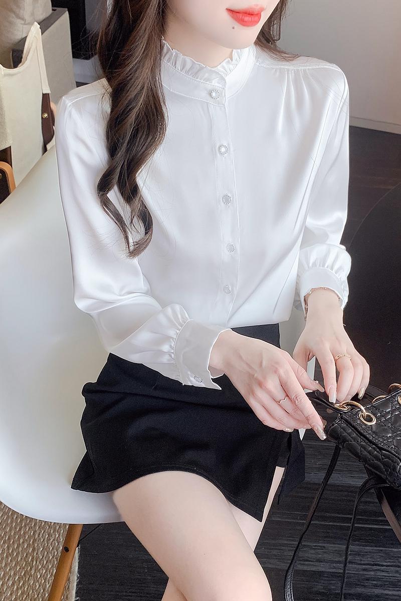 2024 Early Spring New Style Silk Satin White Shirt Top Temperament Lace Collar Commuting Style Shirt